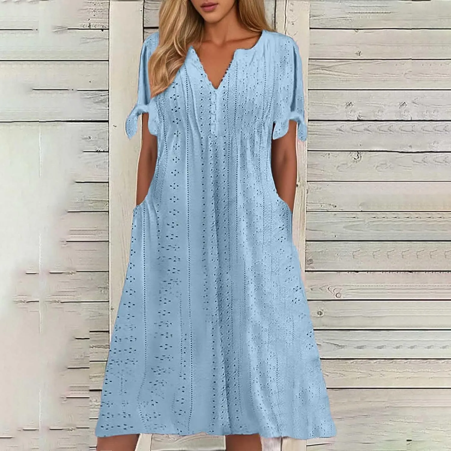 Summer Maxi Dresses for Women 2025 Vacation Casual V Neck Eyelet Dress with Sleeves Pockets Wedding Guest Church Outfits