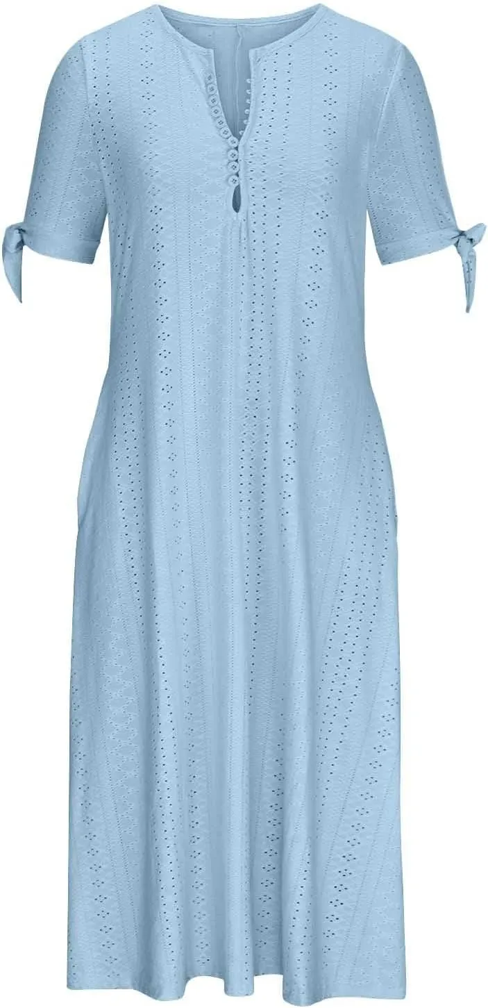 Summer Maxi Dresses for Women 2025 Vacation Casual V Neck Eyelet Dress with Sleeves Pockets Wedding Guest Church Outfits