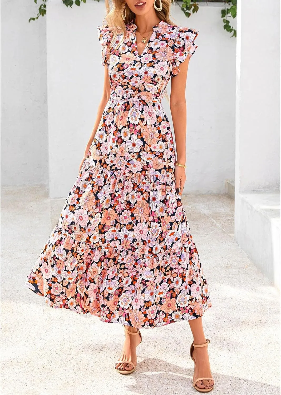 Summer Midi Dresses for Women 2025 Casual Boho Floral Beach Vacation Sundress V Neck Cap Sleeve Flowy Long Dresses