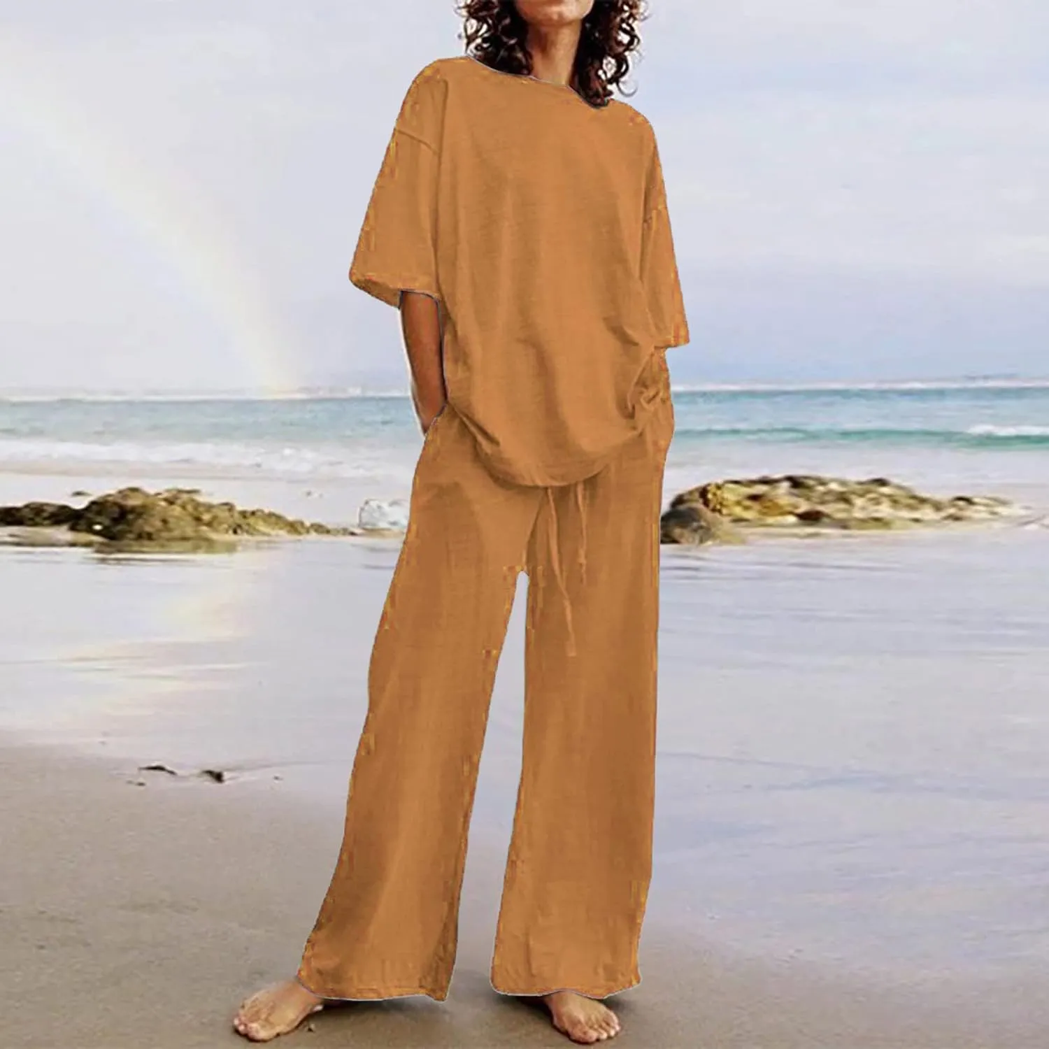 Summer Plus Size Linen Pant Sets Women 2 Piece Outfits Oversized Loose Lounge Set Shirt Top Wide Leg Pants Pajama Set