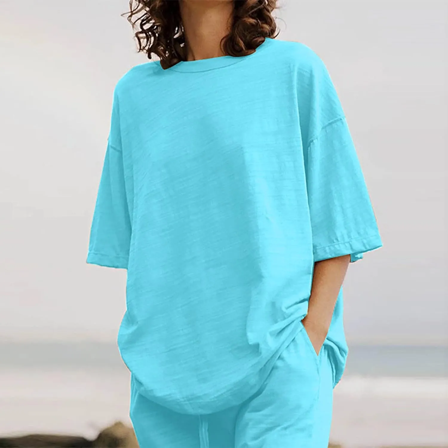 Summer Plus Size Linen Pant Sets Women 2 Piece Outfits Oversized Loose Lounge Set Shirt Top Wide Leg Pants Pajama Set