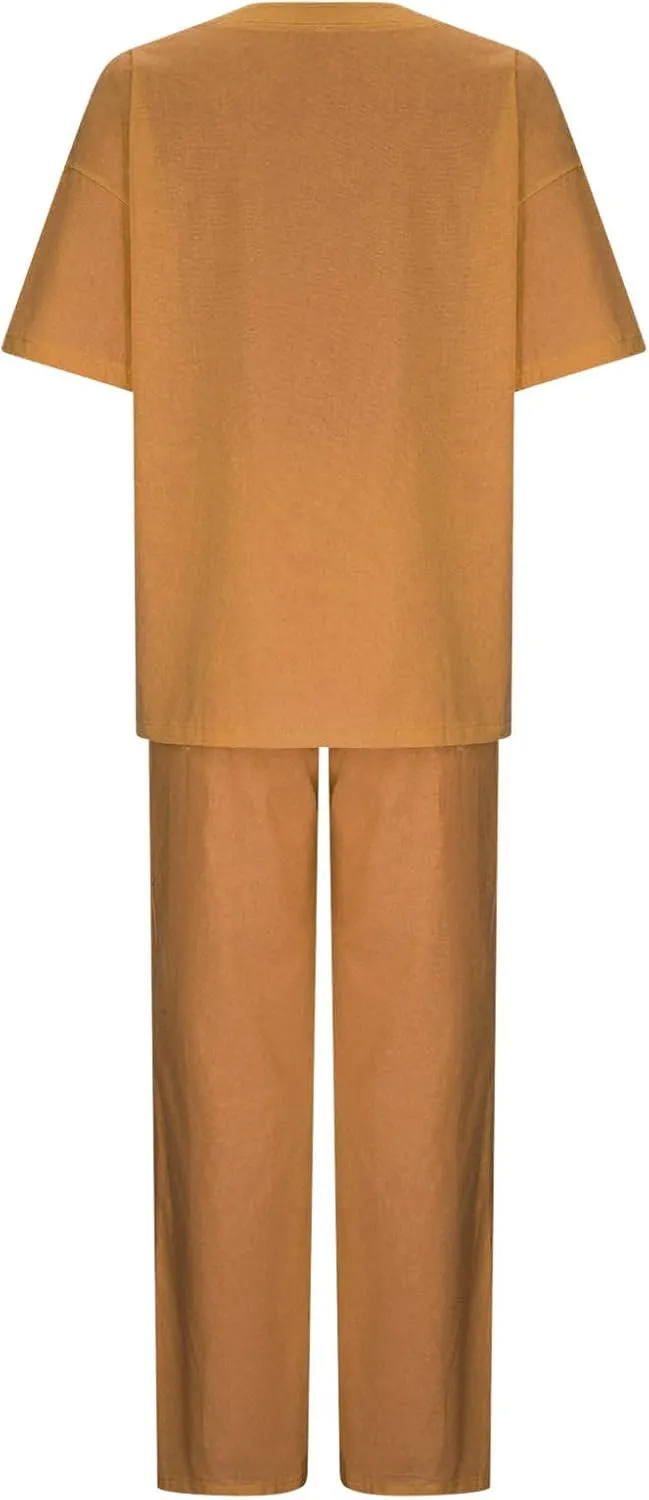 Summer Plus Size Linen Pant Sets Women 2 Piece Outfits Oversized Loose Lounge Set Shirt Top Wide Leg Pants Pajama Set