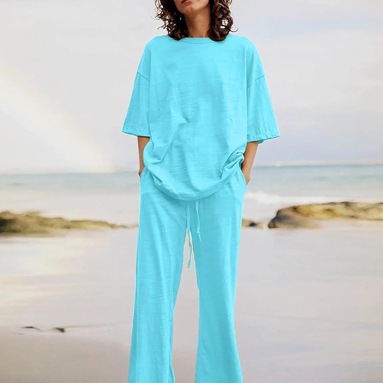 Summer Plus Size Linen Pant Sets Women 2 Piece Outfits Oversized Loose Lounge Set Shirt Top Wide Leg Pants Pajama Set