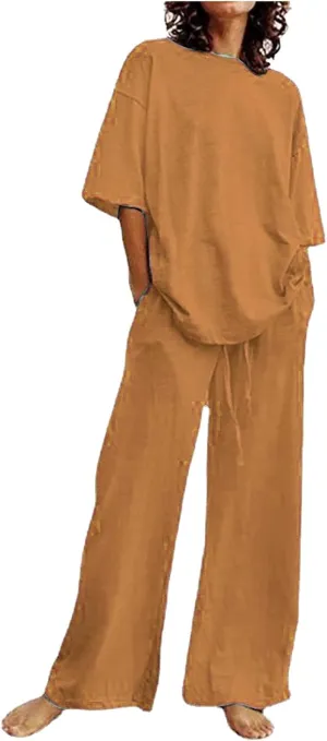 Summer Plus Size Linen Pant Sets Women 2 Piece Outfits Oversized Loose Lounge Set Shirt Top Wide Leg Pants Pajama Set
