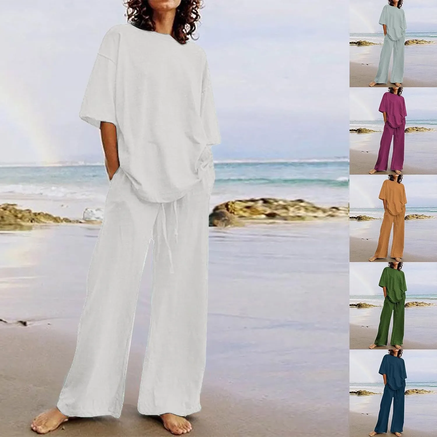 Summer Plus Size Linen Pant Sets Women 2 Piece Outfits Oversized Loose Lounge Set Shirt Top Wide Leg Pants Pajama Set