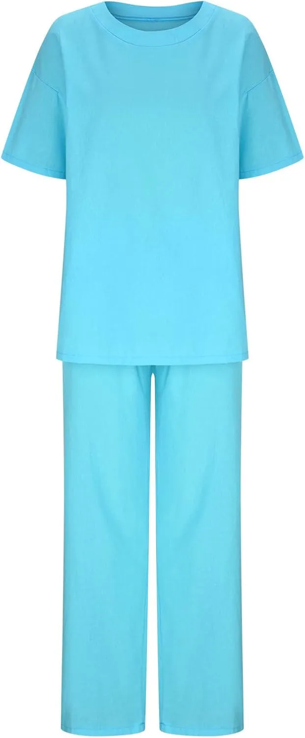 Summer Plus Size Linen Pant Sets Women 2 Piece Outfits Oversized Loose Lounge Set Shirt Top Wide Leg Pants Pajama Set