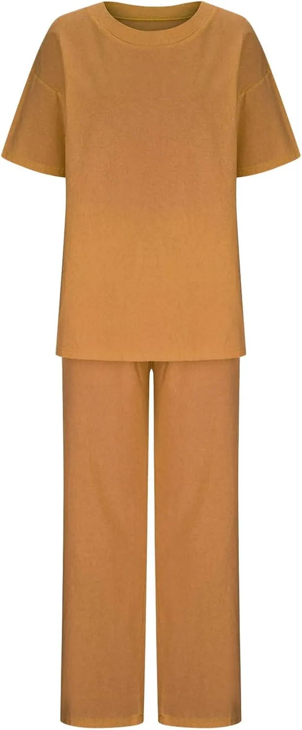 Summer Plus Size Linen Pant Sets Women 2 Piece Outfits Oversized Loose Lounge Set Shirt Top Wide Leg Pants Pajama Set