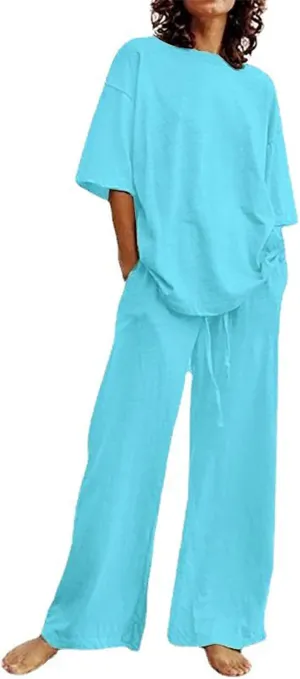 Summer Plus Size Linen Pant Sets Women 2 Piece Outfits Oversized Loose Lounge Set Shirt Top Wide Leg Pants Pajama Set