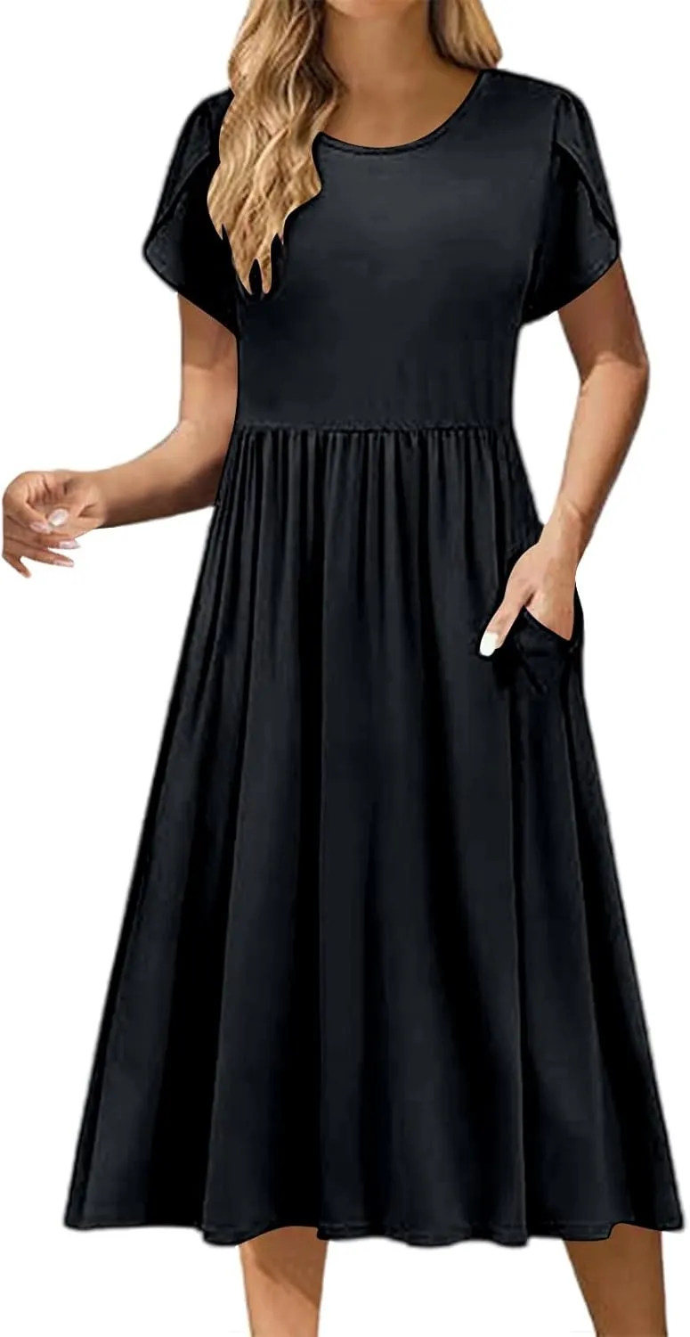 Summer Poplin Dress Women Vintage Pleated Drop Waist Going Out Dresses wtih Sleeves Solid Cruise Outfits for Women 2025