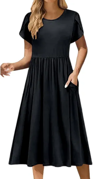 Summer Poplin Dress Women Vintage Pleated Drop Waist Going Out Dresses wtih Sleeves Solid Cruise Outfits for Women 2025