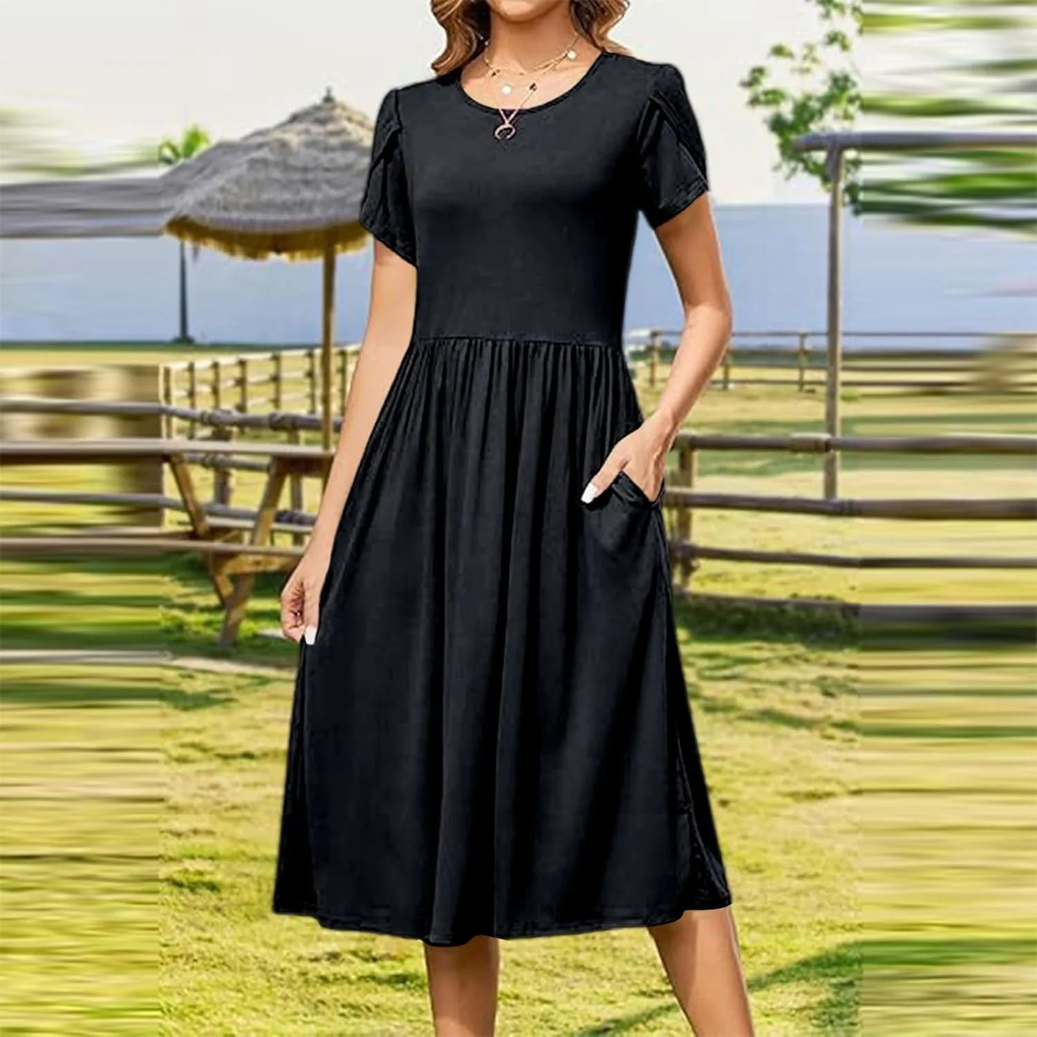Summer Poplin Dress Women Vintage Pleated Drop Waist Going Out Dresses wtih Sleeves Solid Cruise Outfits for Women 2025
