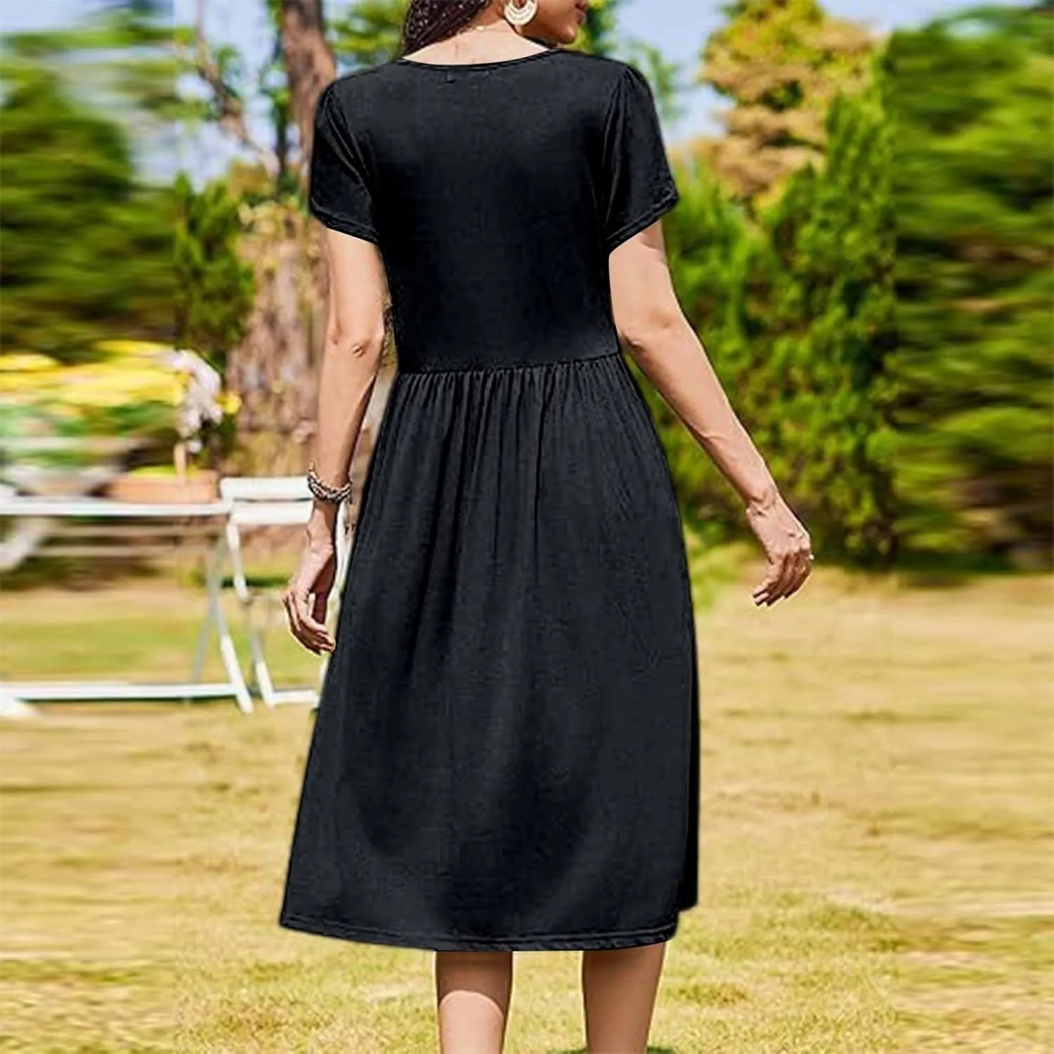 Summer Poplin Dress Women Vintage Pleated Drop Waist Going Out Dresses wtih Sleeves Solid Cruise Outfits for Women 2025