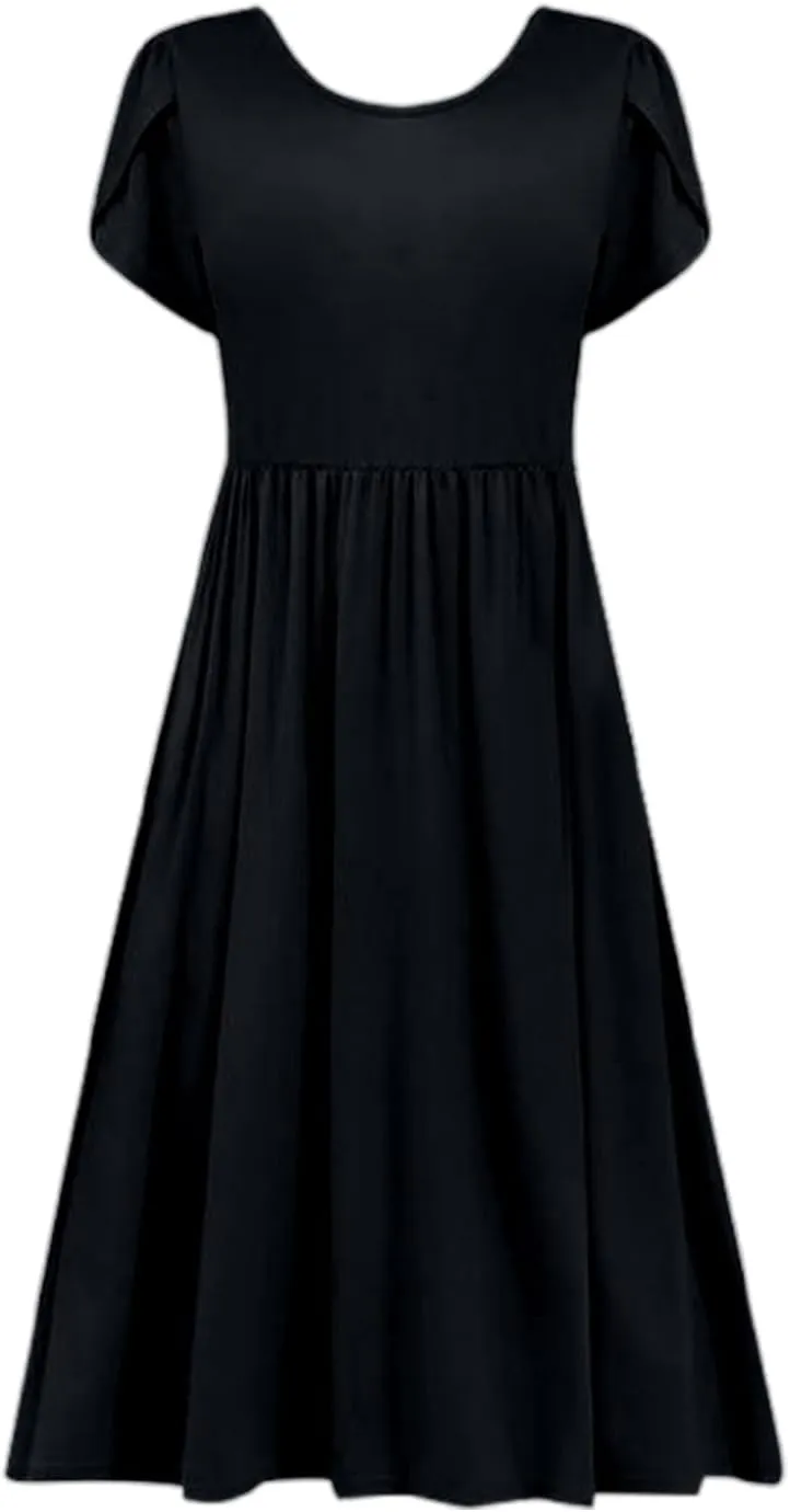 Summer Poplin Dress Women Vintage Pleated Drop Waist Going Out Dresses wtih Sleeves Solid Cruise Outfits for Women 2025