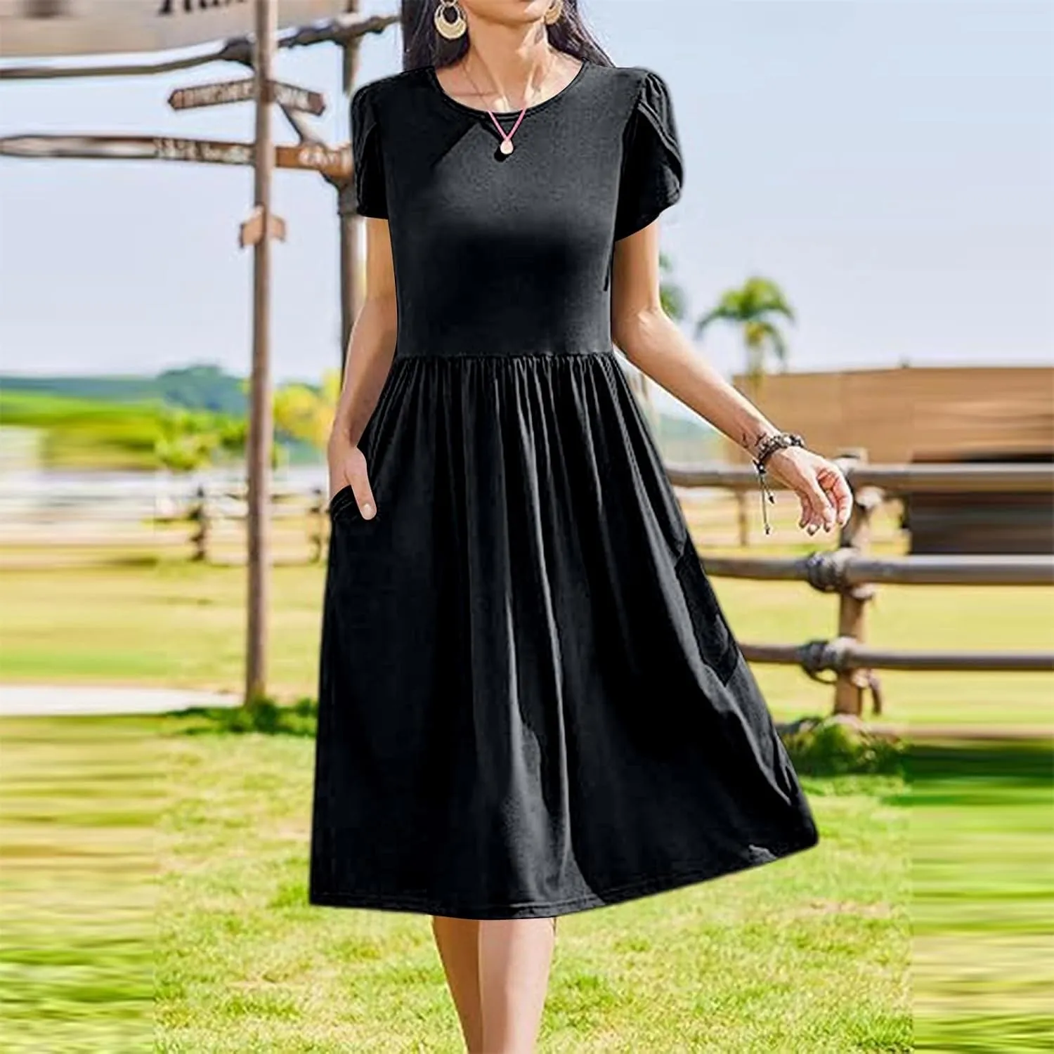 Summer Poplin Dress Women Vintage Pleated Drop Waist Going Out Dresses wtih Sleeves Solid Cruise Outfits for Women 2025