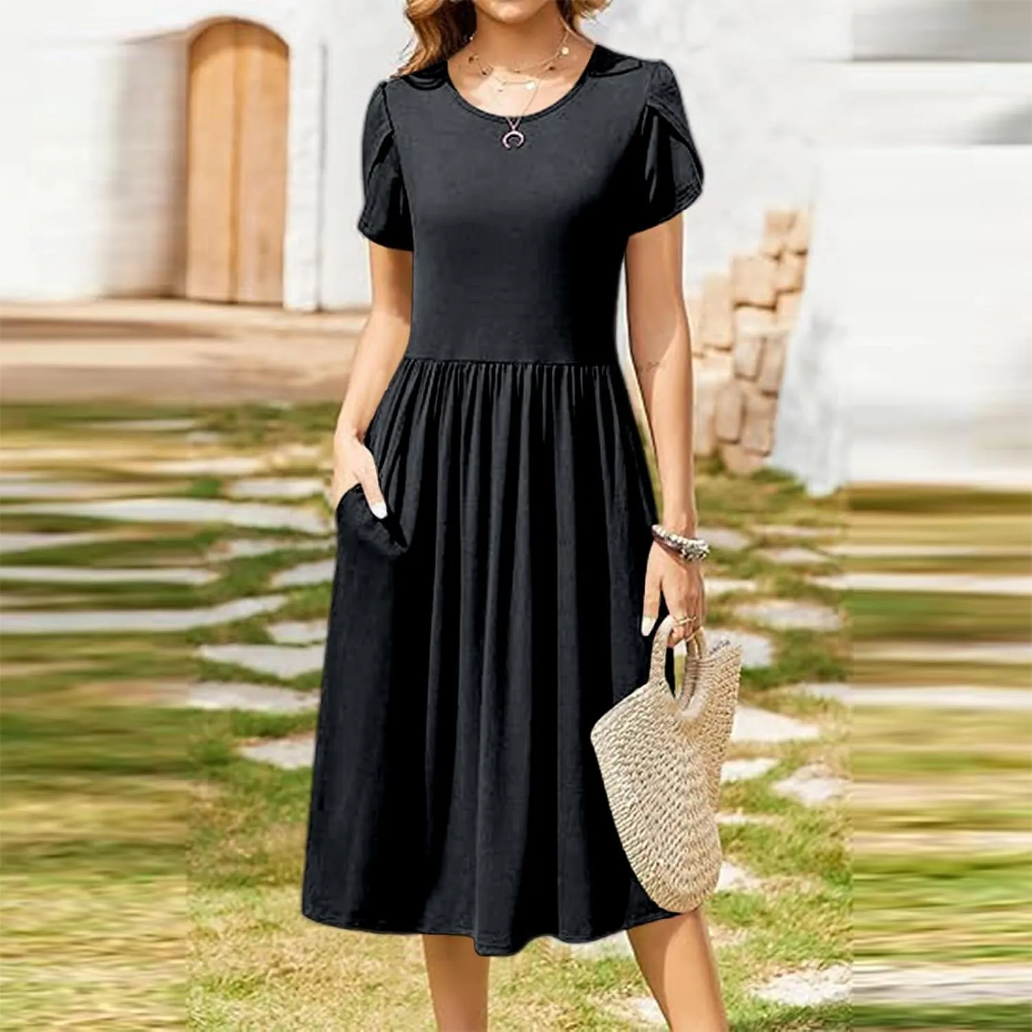 Summer Poplin Dress Women Vintage Pleated Drop Waist Going Out Dresses wtih Sleeves Solid Cruise Outfits for Women 2025
