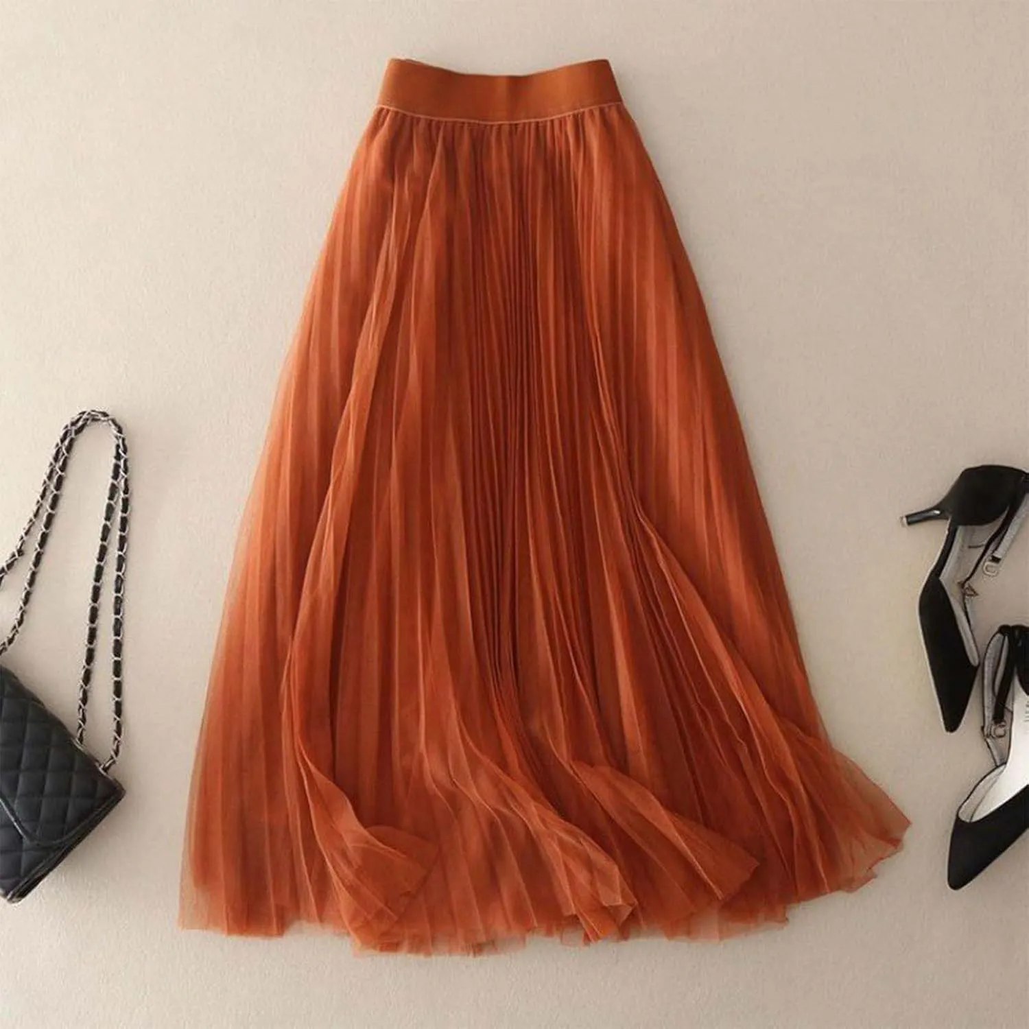 Summer Skirt for Vacation Womens High Elastic Waist Lightweight Sheer A-Line Pleated Flared Maxi Shirts Long Trendy