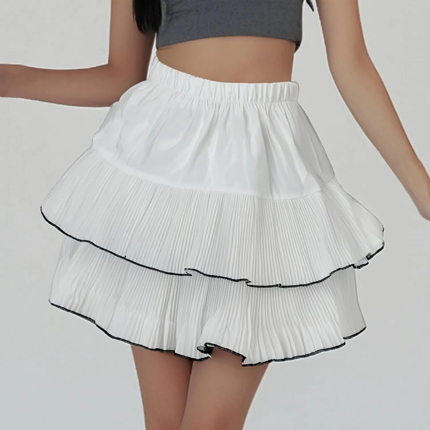 Summer Skirts for Vacation High Elastic Waist Solid Loose Double Ruffle Hem Comfy Casual Pleated Short Skirts for Women