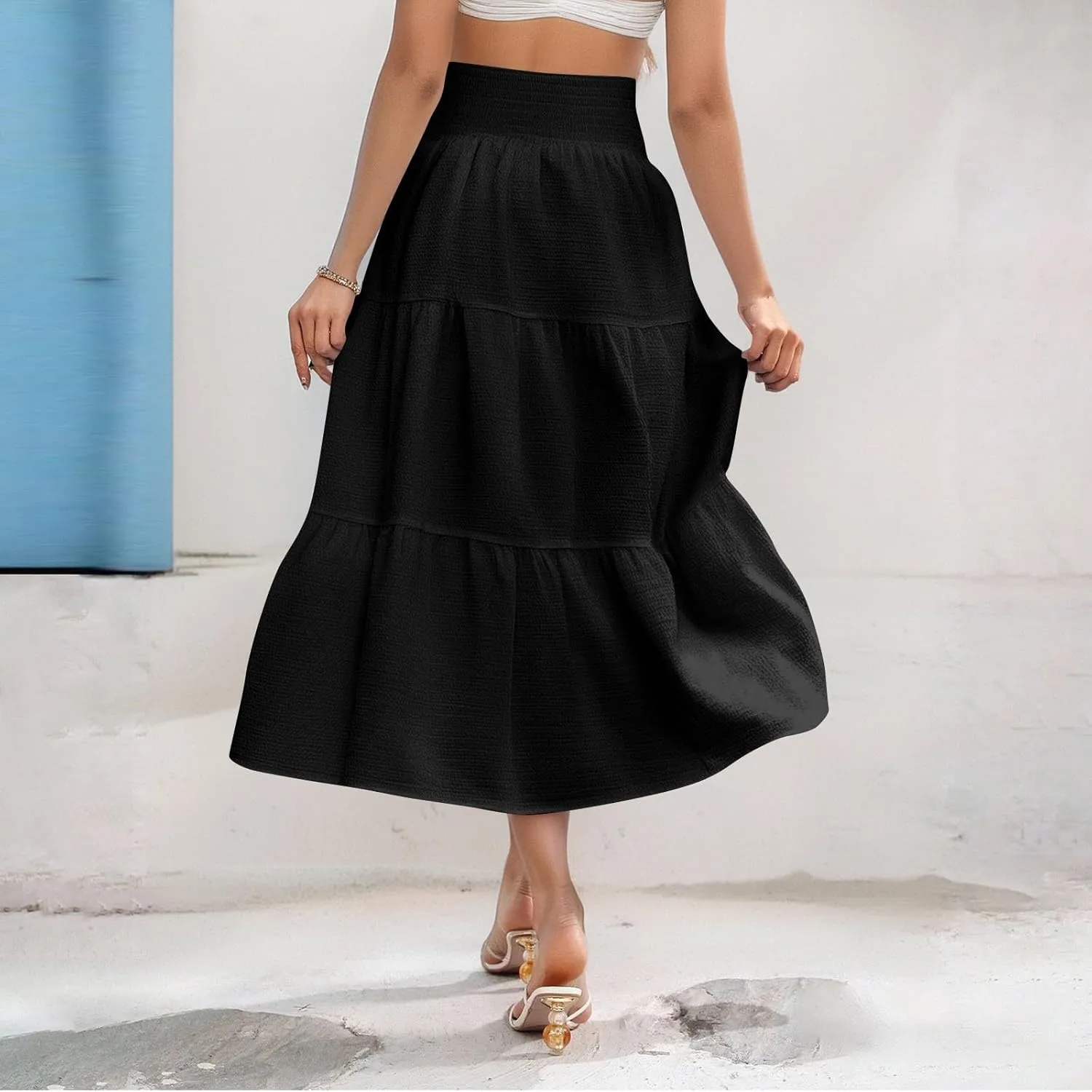 Summer Skirts for Women 2025 Vacation Elastic High Waisted Linen Maxi Skirt Casual Summer Beach Cover Up Skirts