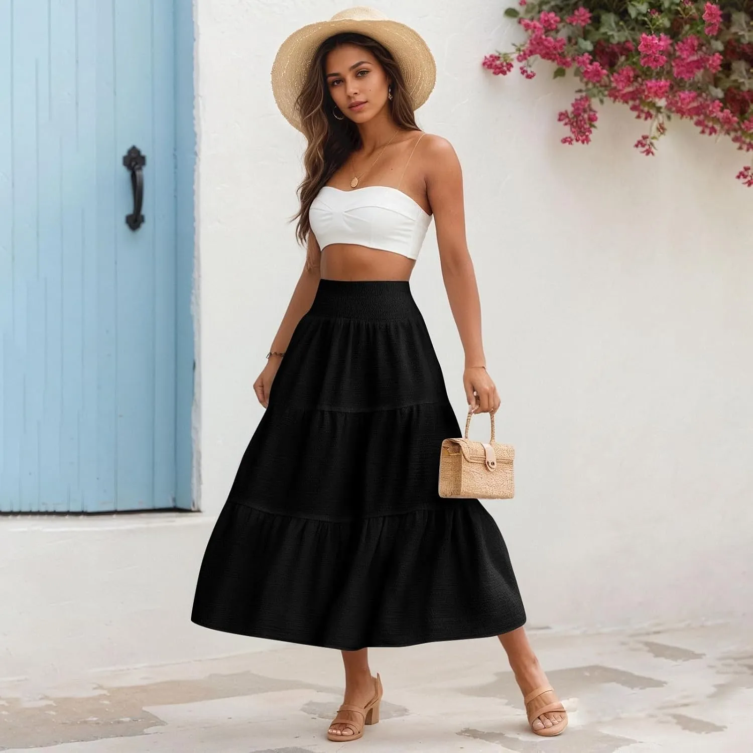 Summer Skirts for Women 2025 Vacation Elastic High Waisted Linen Maxi Skirt Casual Summer Beach Cover Up Skirts