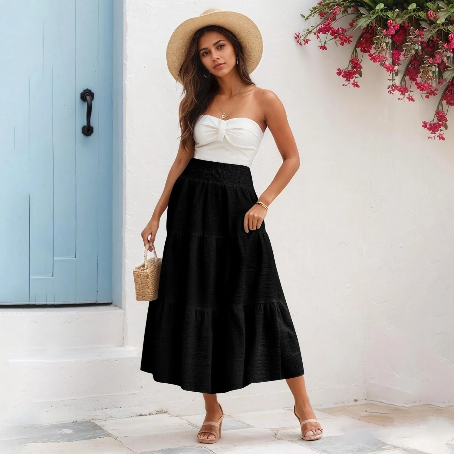 Summer Skirts for Women 2025 Vacation Elastic High Waisted Linen Maxi Skirt Casual Summer Beach Cover Up Skirts