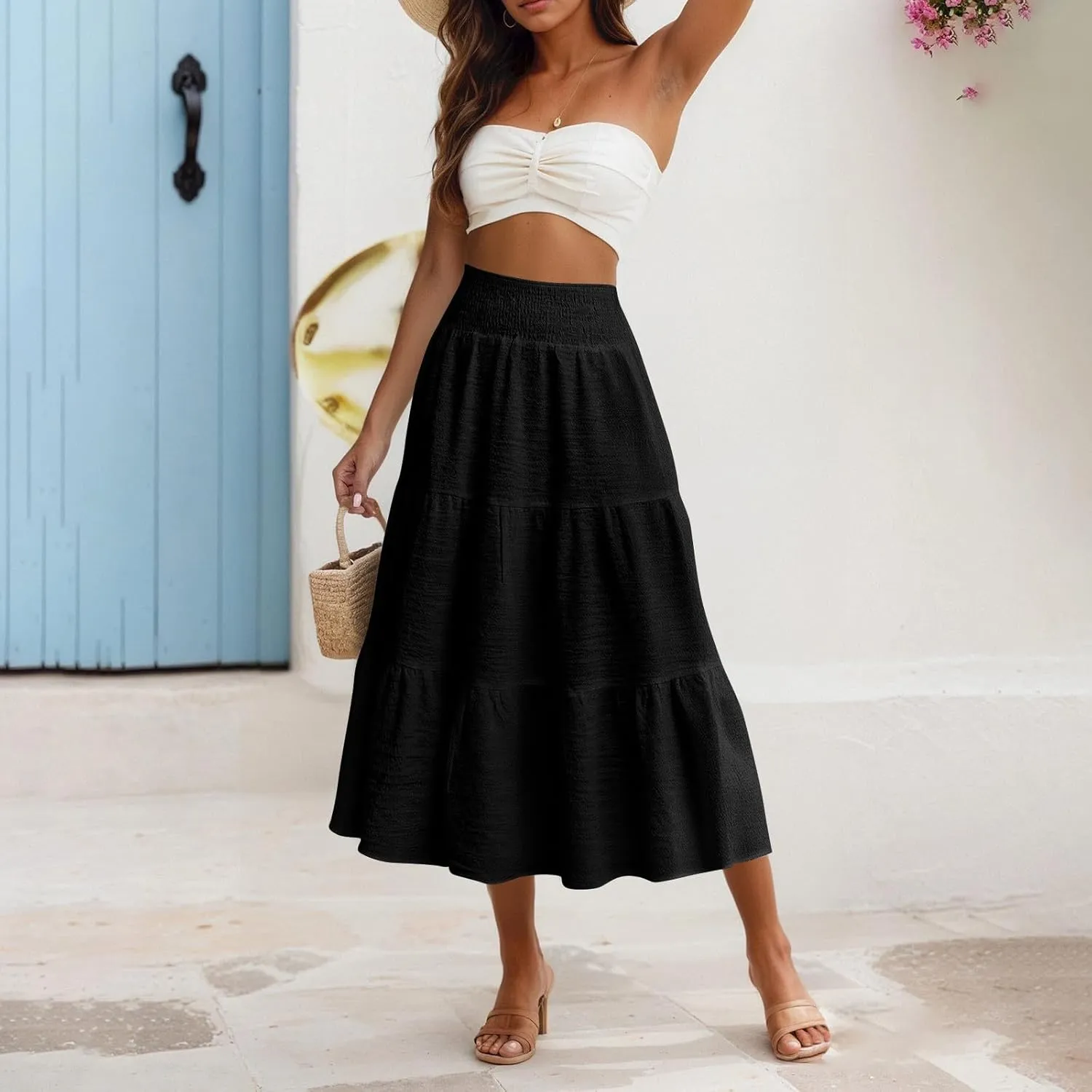 Summer Skirts for Women 2025 Vacation Elastic High Waisted Linen Maxi Skirt Casual Summer Beach Cover Up Skirts