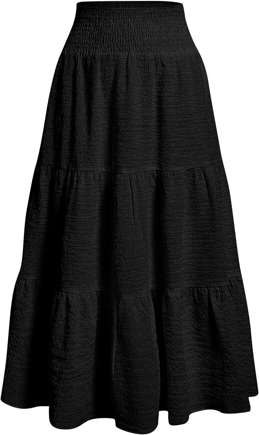 Summer Skirts for Women 2025 Vacation Elastic High Waisted Linen Maxi Skirt Casual Summer Beach Cover Up Skirts