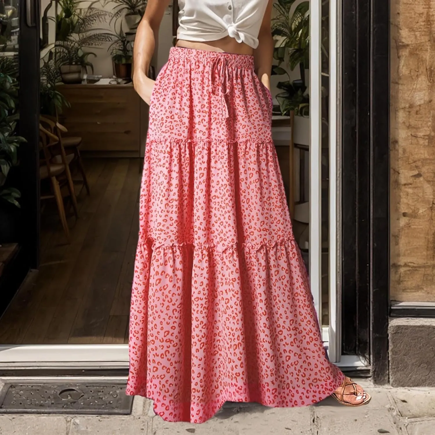 Summer Skirts for Women 2025 Vacation Trendy High Elastic Waist Bohemian Floral Print Loose Pleated Boha Maxi Skirts