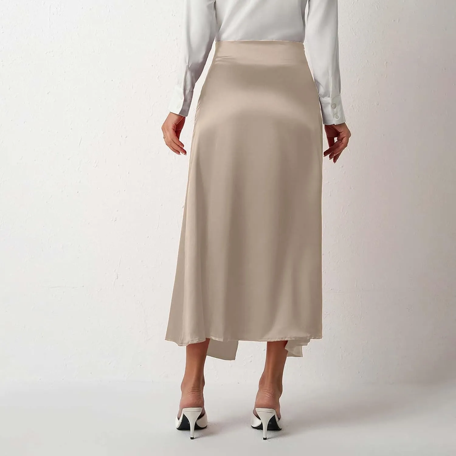 Summer Skirts for Women Business Satin High Elastic Waist Workout Pencil Midi Skirts with Slit Solid Color