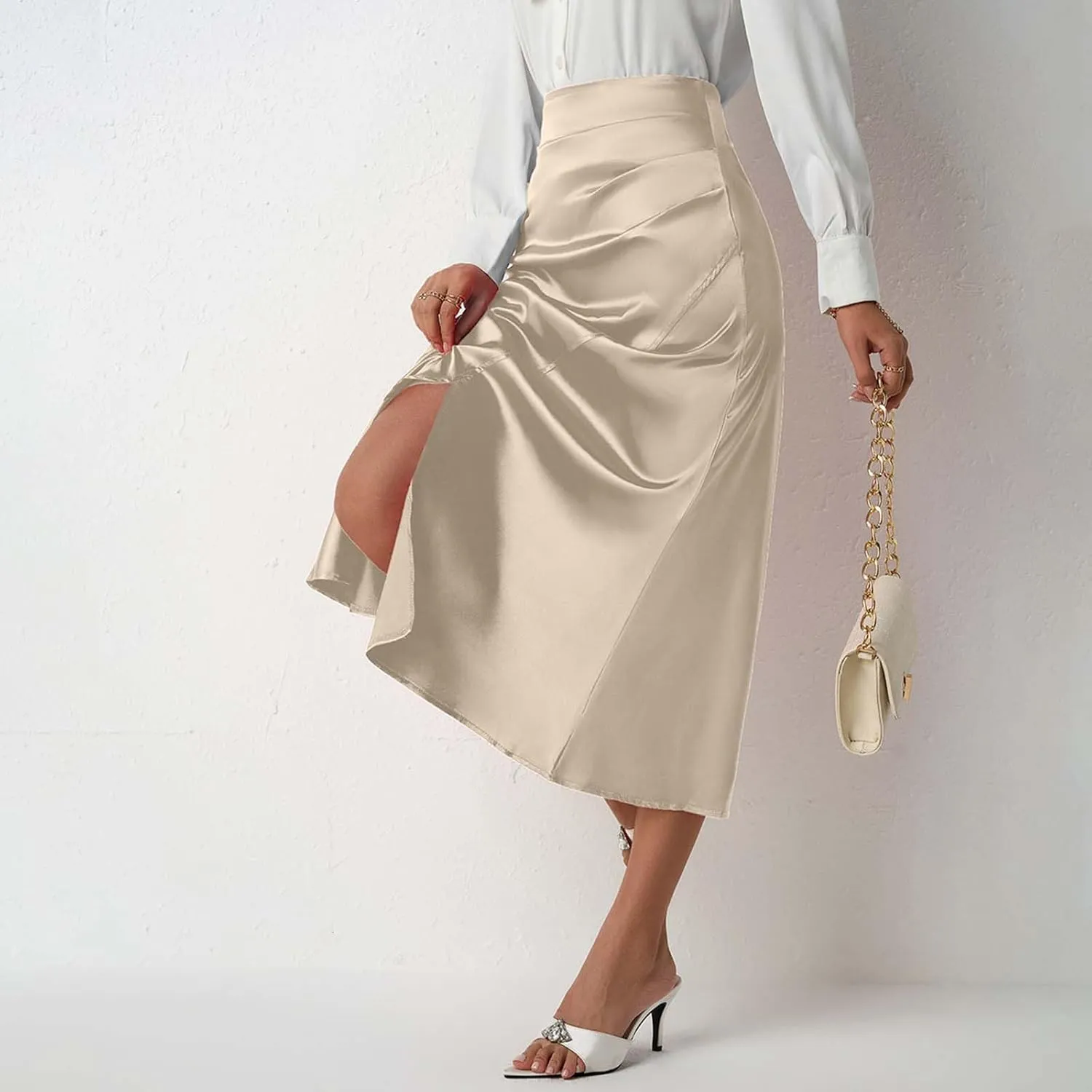 Summer Skirts for Women Business Satin High Elastic Waist Workout Pencil Midi Skirts with Slit Solid Color