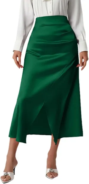 Summer Skirts for Women Business Satin High Elastic Waist Workout Pencil Midi Skirts with Slit Solid Color