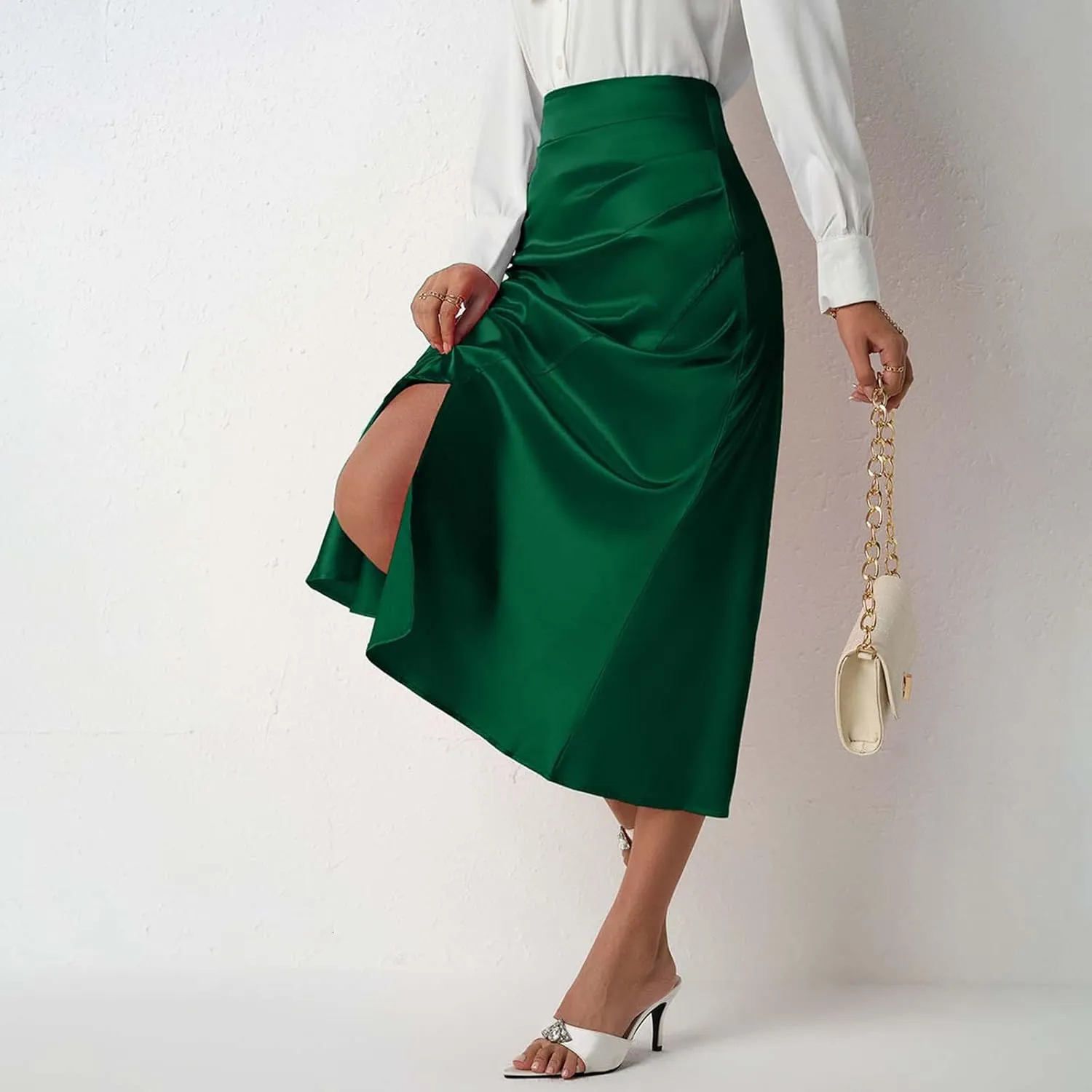 Summer Skirts for Women Business Satin High Elastic Waist Workout Pencil Midi Skirts with Slit Solid Color