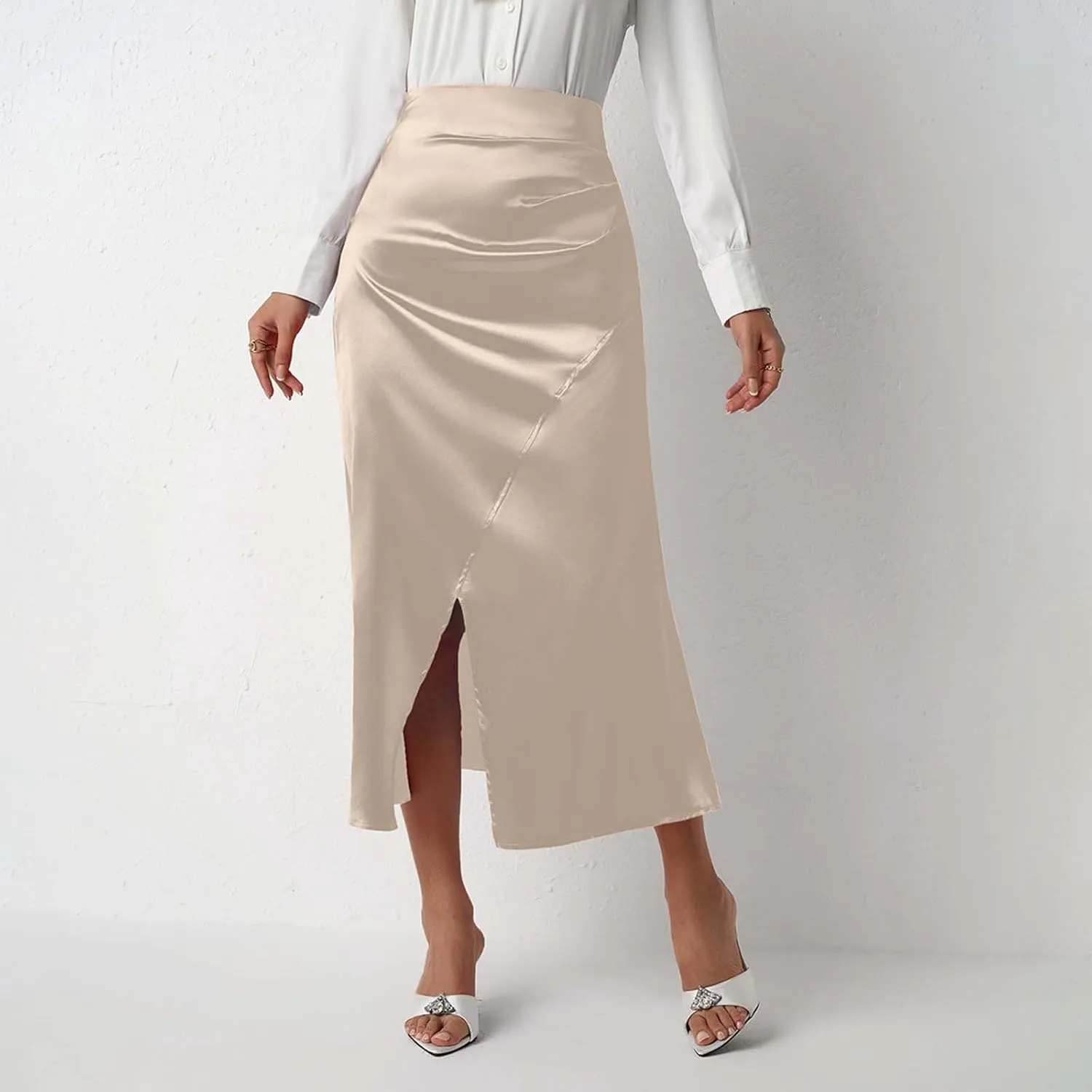 Summer Skirts for Women Business Satin High Elastic Waist Workout Pencil Midi Skirts with Slit Solid Color