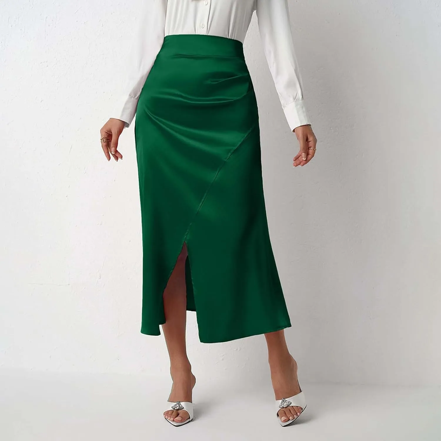 Summer Skirts for Women Business Satin High Elastic Waist Workout Pencil Midi Skirts with Slit Solid Color
