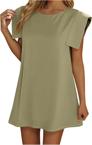 Sundresses for Women 2025 Flutter Sleeve Crewneck Casual Dress Solid Color Summer Mini Dress