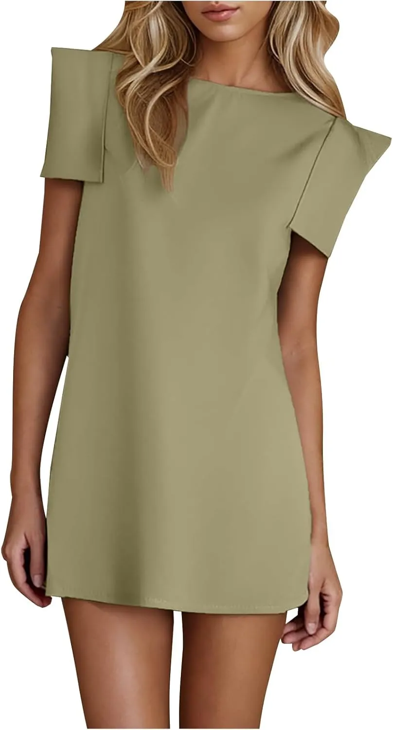 Sundresses for Women 2025 Flutter Sleeve Crewneck Casual Dress Solid Color Summer Mini Dress