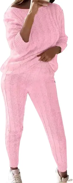 Sweater Sets for Women Two Piece Outfits Tracksuit Long Sleeve Knit Pullover Tops and Long Pants Sweatsuit Lounge Set