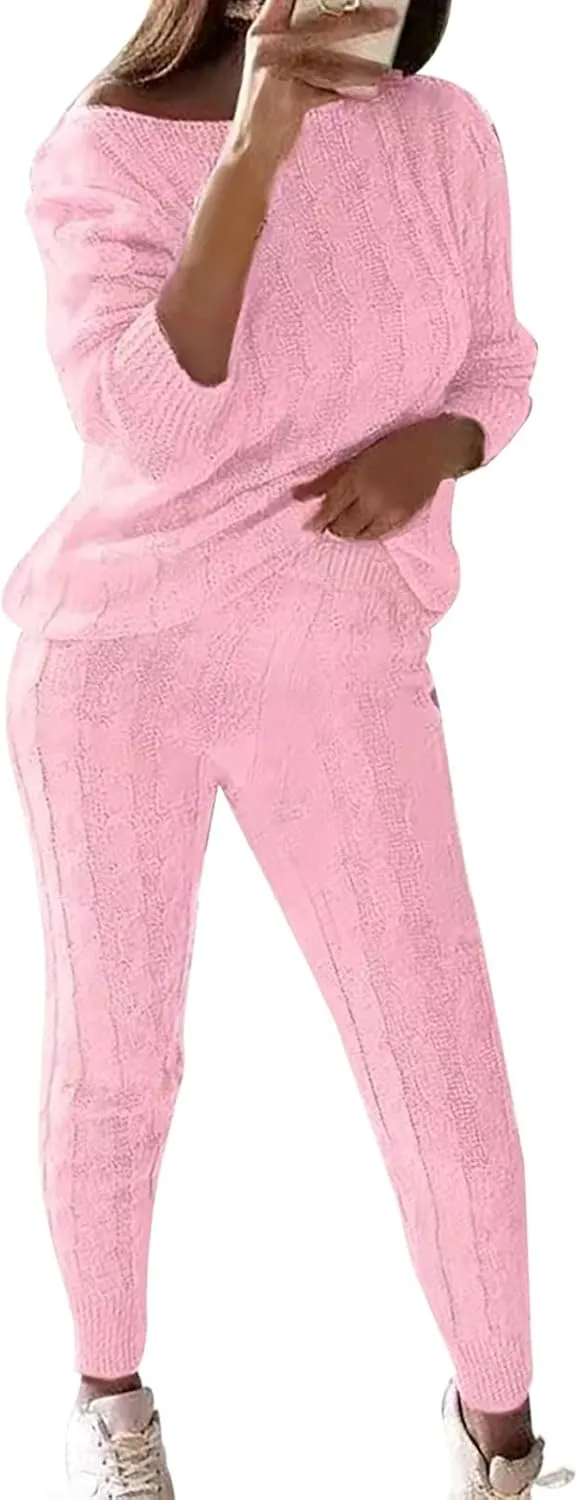 Sweater Sets for Women Two Piece Outfits Tracksuit Long Sleeve Knit Pullover Tops and Long Pants Sweatsuit Lounge Set