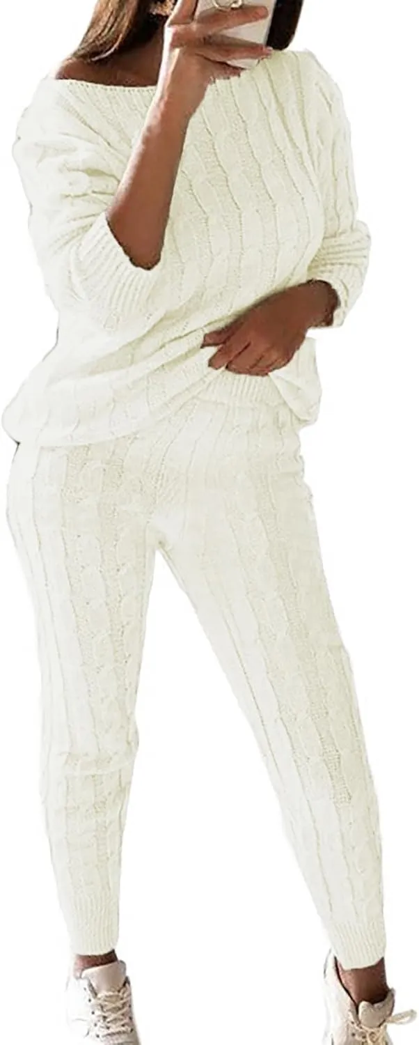 Sweater Sets for Women Two Piece Outfits Tracksuit Long Sleeve Knit Pullover Tops and Long Pants Sweatsuit Lounge Set