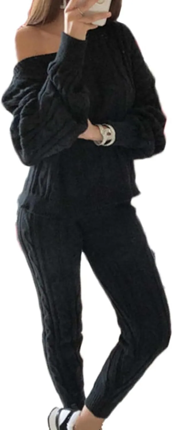 Sweater Sets for Women Two Piece Outfits Tracksuit Long Sleeve Knit Pullover Tops and Long Pants Sweatsuit Lounge Set