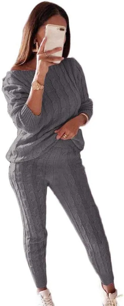 Sweater Sets for Women Two Piece Outfits Tracksuit Long Sleeve Knit Pullover Tops and Long Pants Sweatsuit Lounge Set