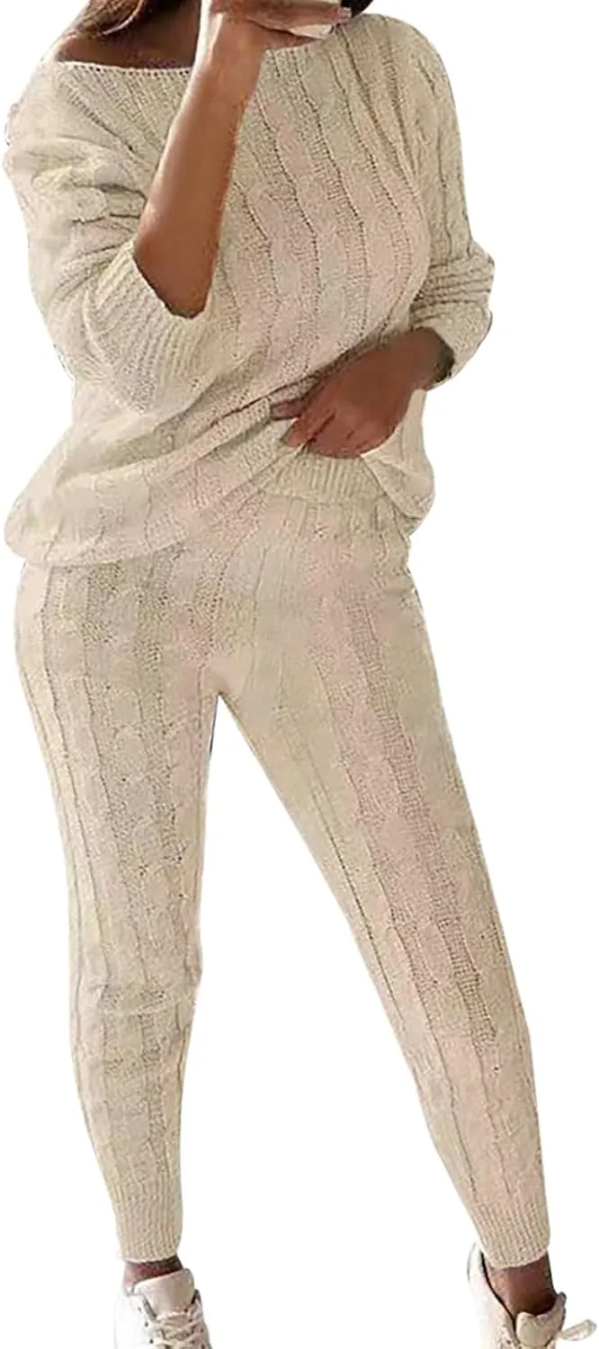 Sweater Sets for Women Two Piece Outfits Tracksuit Long Sleeve Knit Pullover Tops and Long Pants Sweatsuit Lounge Set