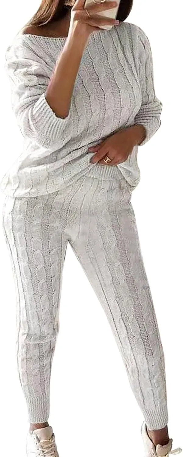 Sweater Sets for Women Two Piece Outfits Tracksuit Long Sleeve Knit Pullover Tops and Long Pants Sweatsuit Lounge Set