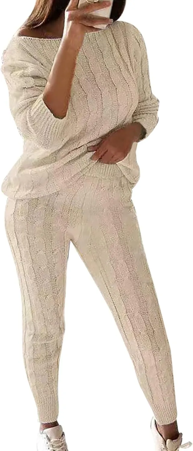 Sweater Sets for Women Two Piece Outfits Tracksuit Long Sleeve Knit Pullover Tops and Long Pants Sweatsuit Lounge Set