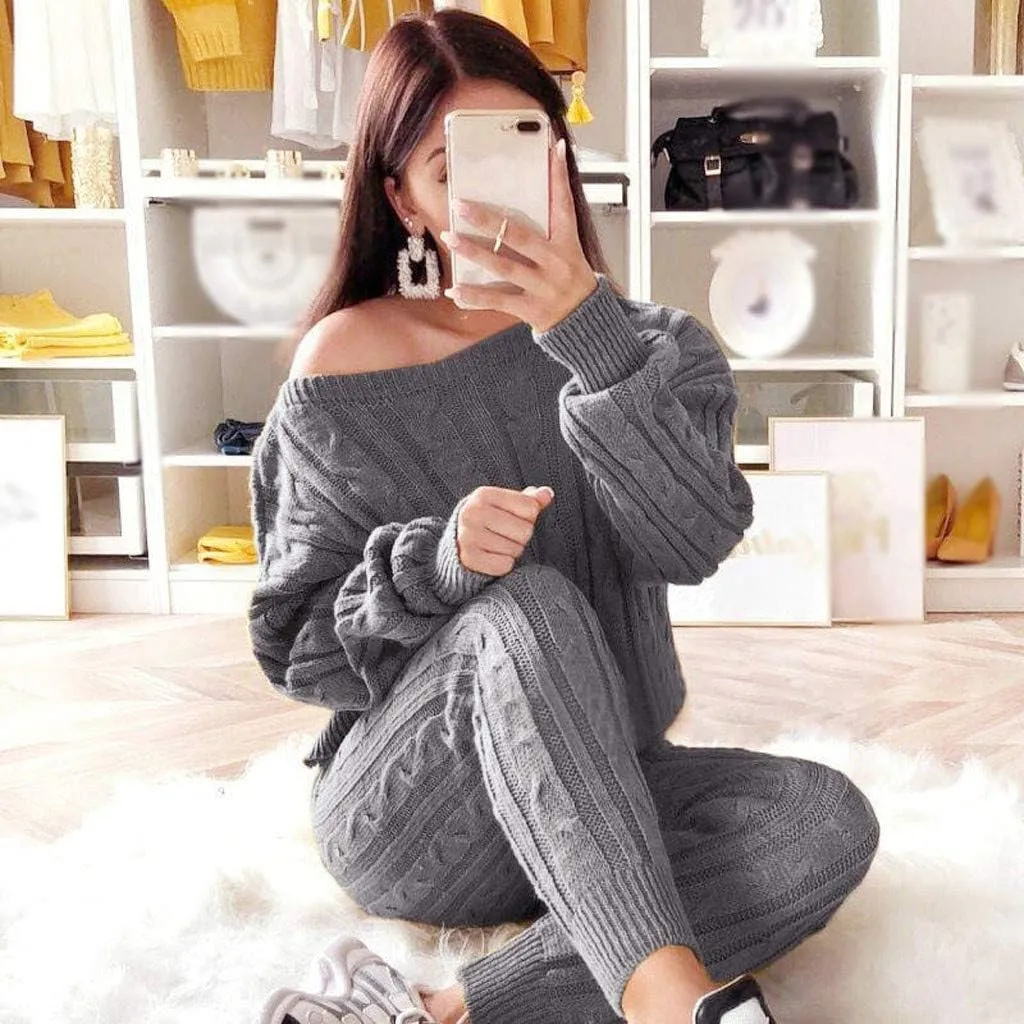 Sweater Sets for Women Two Piece Outfits Tracksuit Long Sleeve Knit Pullover Tops and Long Pants Sweatsuit Lounge Set