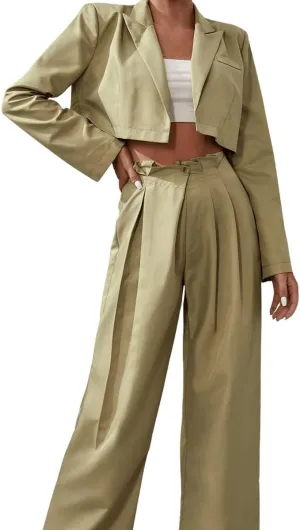 SweatyRocks Women's 2 Piece Open Front Crop Blazer and Plicated Detail Tailored Pants