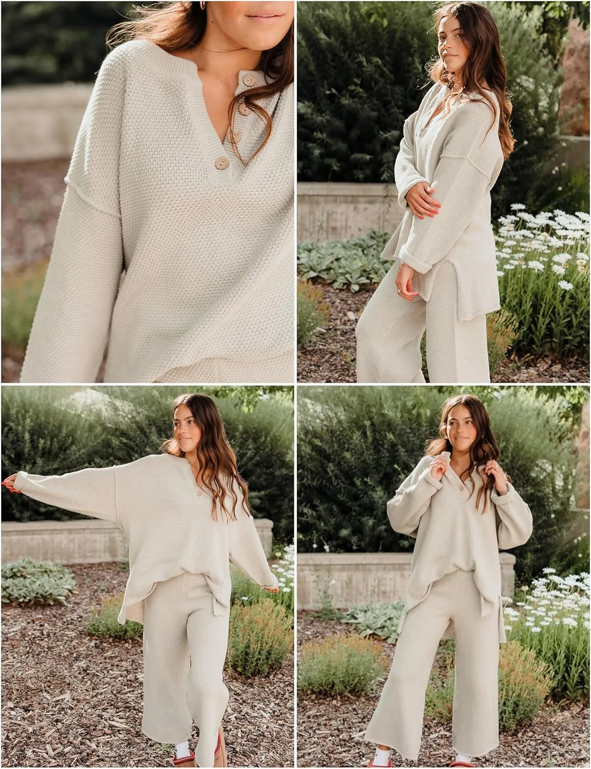 SWOMOG Women's 2 Piece Trendy Outfits Lounge Sets with Pockets Slouchy Loungewear Knit Sweater Matching Sets