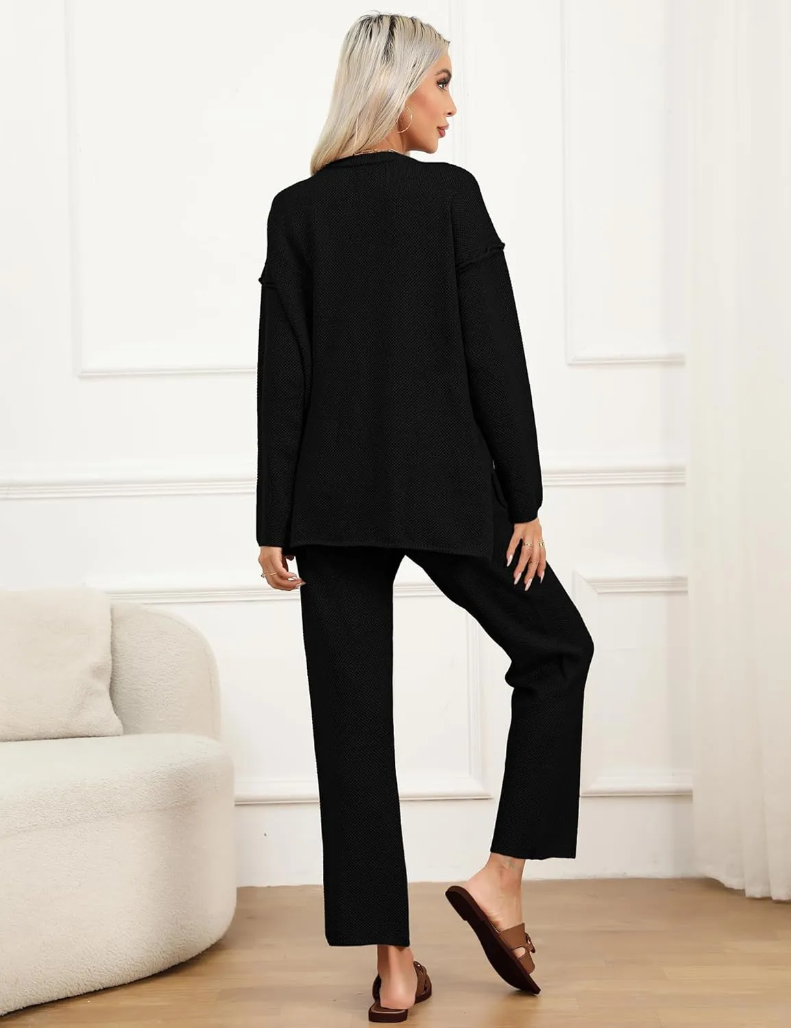 SWOMOG Women's 2 Piece Trendy Outfits Lounge Sets with Pockets Slouchy Loungewear Knit Sweater Matching Sets