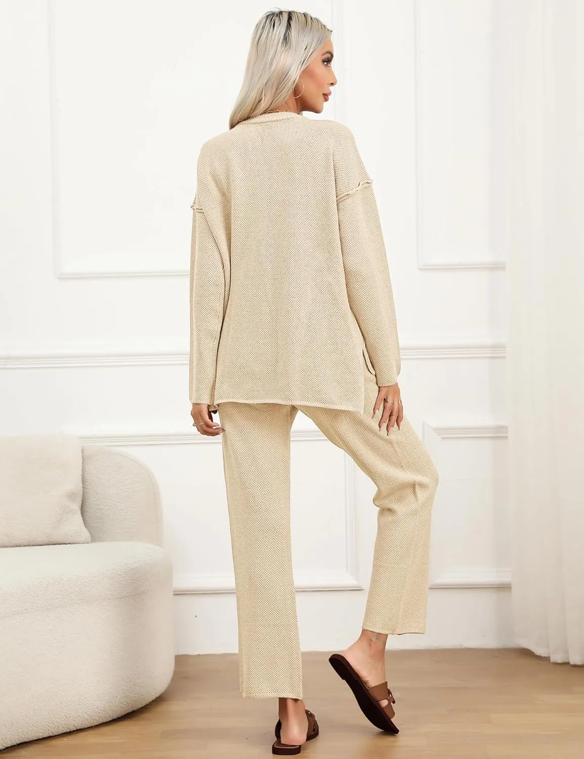 SWOMOG Women's 2 Piece Trendy Outfits Lounge Sets with Pockets Slouchy Loungewear Knit Sweater Matching Sets