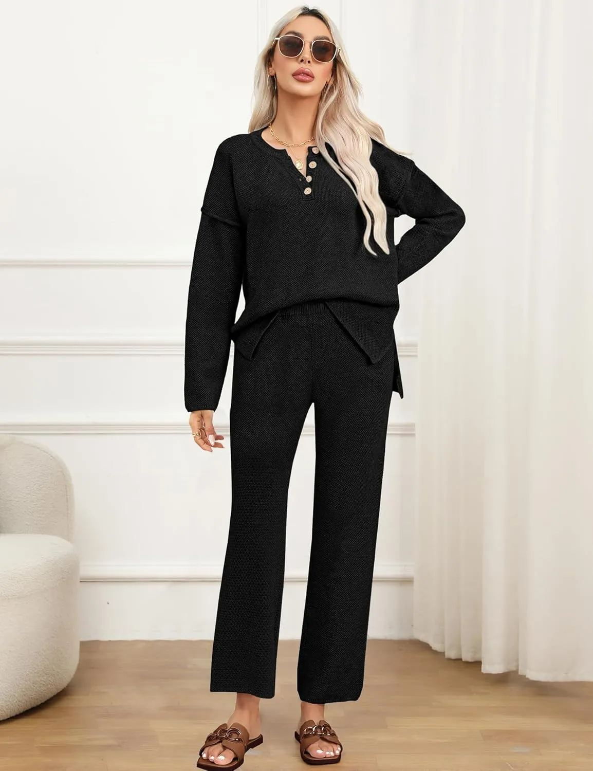 SWOMOG Women's 2 Piece Trendy Outfits Lounge Sets with Pockets Slouchy Loungewear Knit Sweater Matching Sets