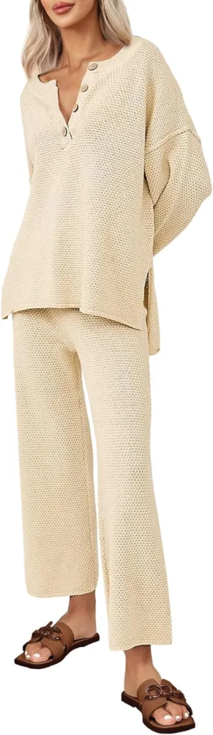 SWOMOG Women's 2 Piece Trendy Outfits Lounge Sets with Pockets Slouchy Loungewear Knit Sweater Matching Sets